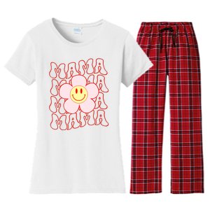 Mother Day Retro Happy Face Mama Groovy Daisy Flower Smile Face Trendy Women's Flannel Pajama Set