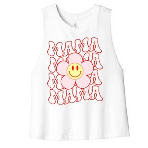 Mother Day Retro Happy Face Mama Groovy Daisy Flower Smile Face Trendy Women's Racerback Cropped Tank