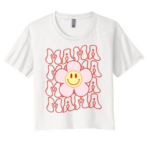 Mother Day Retro Happy Face Mama Groovy Daisy Flower Smile Face Trendy Women's Crop Top Tee