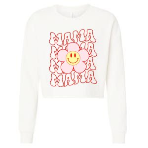 Mother Day Retro Happy Face Mama Groovy Daisy Flower Smile Face Trendy Cropped Pullover Crew