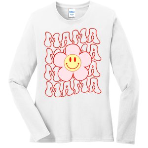 Mother Day Retro Happy Face Mama Groovy Daisy Flower Smile Face Trendy Ladies Long Sleeve Shirt