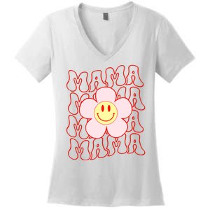 Mother Day Retro Happy Face Mama Groovy Daisy Flower Smile Face Trendy Women's V-Neck T-Shirt