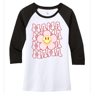 Mother Day Retro Happy Face Mama Groovy Daisy Flower Smile Face Trendy Women's Tri-Blend 3/4-Sleeve Raglan Shirt