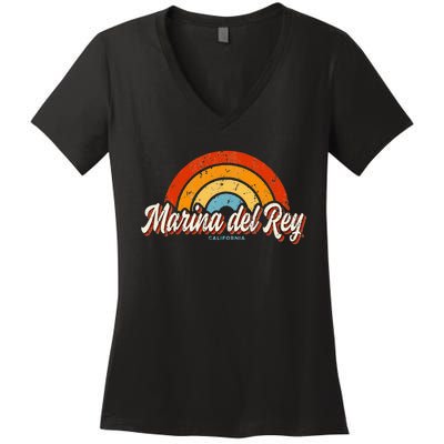 Marina Del Rey California Ca Vintage Rainbow Retro 70s Women's V-Neck T-Shirt