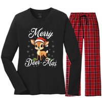 Merry Deermas Santa Deer Animal Lovers Christmas Puns Tank Top Women's Long Sleeve Flannel Pajama Set 