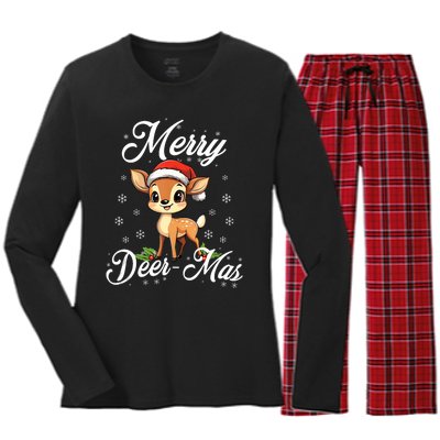 Merry Deermas Santa Deer Animal Lovers Christmas Puns Tank Top Women's Long Sleeve Flannel Pajama Set 