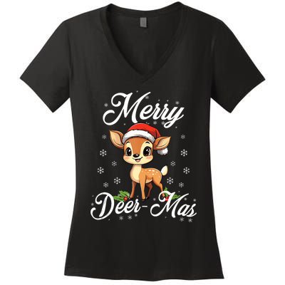 Merry Deermas Santa Deer Animal Lovers Christmas Puns Tank Top Women's V-Neck T-Shirt