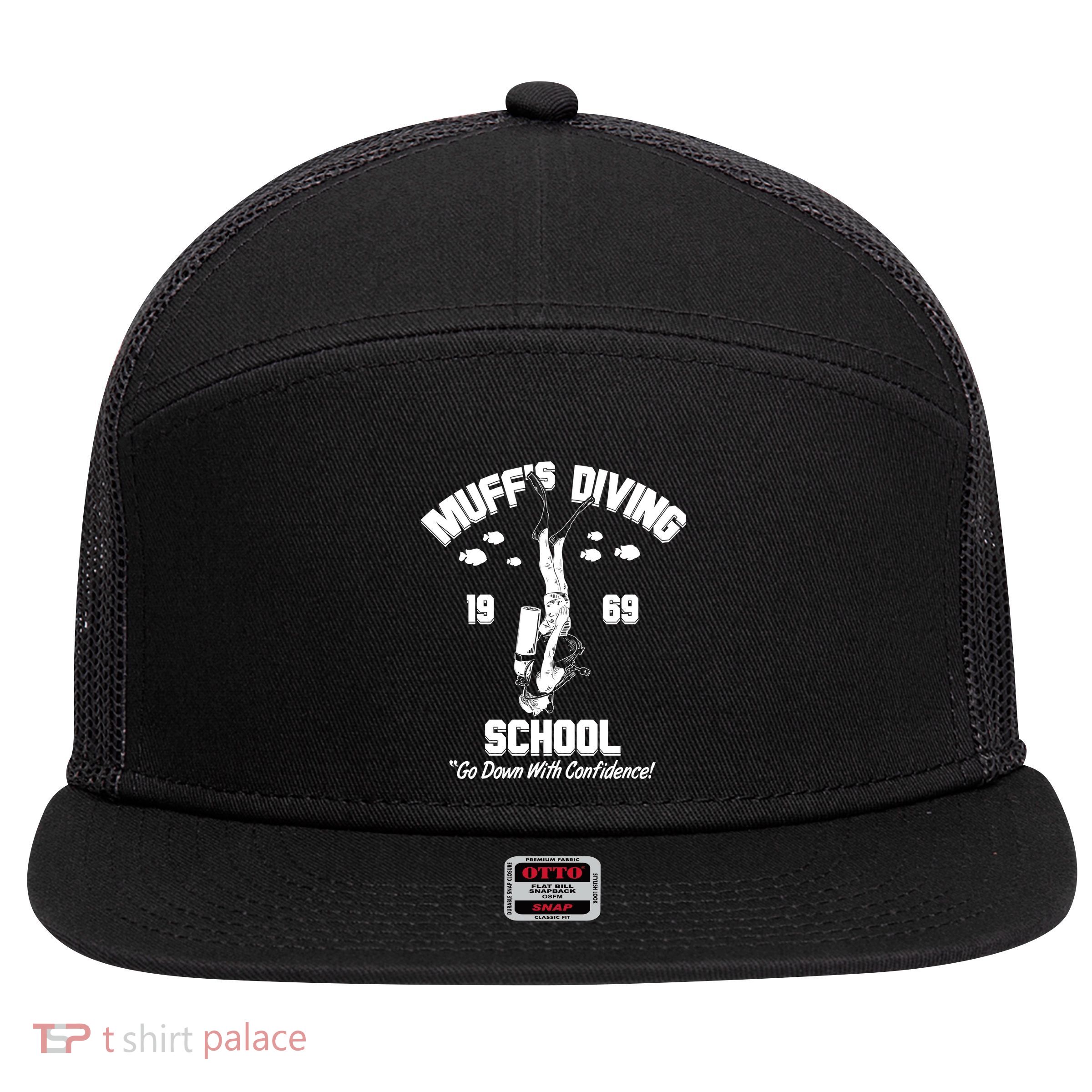 Muffs Diving School 1969 Go Down With Confidence 7 Panel Mesh Trucker Snapback Hat