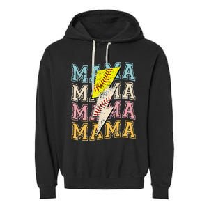 Mothers Day Softball Baseball Groovy Mom Mama Lightning Bolt Garment-Dyed Fleece Hoodie