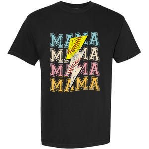 Mothers Day Softball Baseball Groovy Mom Mama Lightning Bolt Garment-Dyed Heavyweight T-Shirt