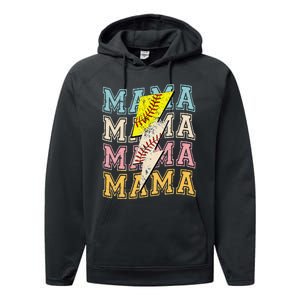 Mothers Day Softball Baseball Groovy Mom Mama Lightning Bolt Performance Fleece Hoodie