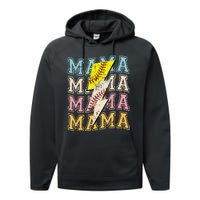 Mothers Day Softball Baseball Groovy Mom Mama Lightning Bolt Performance Fleece Hoodie