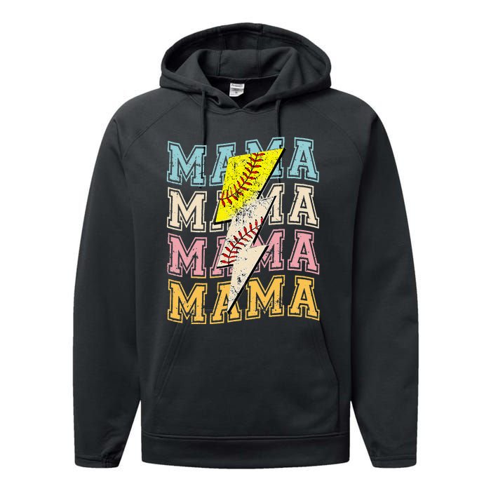 Mothers Day Softball Baseball Groovy Mom Mama Lightning Bolt Performance Fleece Hoodie