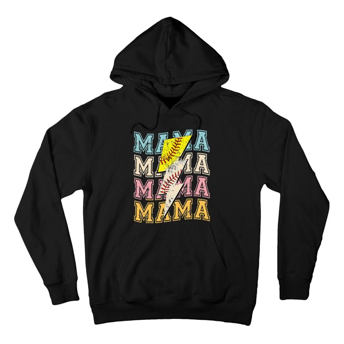 Mothers Day Softball Baseball Groovy Mom Mama Lightning Bolt Hoodie