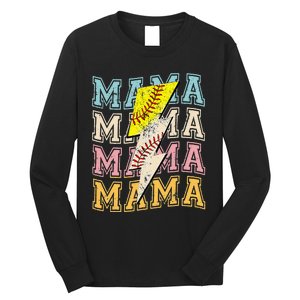 Mothers Day Softball Baseball Groovy Mom Mama Lightning Bolt Long Sleeve Shirt