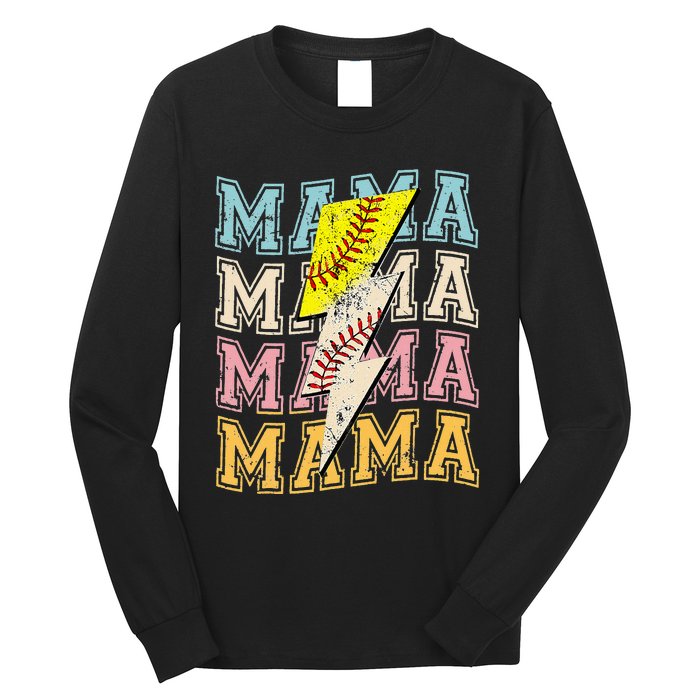 Mothers Day Softball Baseball Groovy Mom Mama Lightning Bolt Long Sleeve Shirt