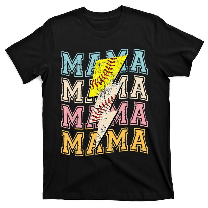 Mothers Day Softball Baseball Groovy Mom Mama Lightning Bolt T-Shirt