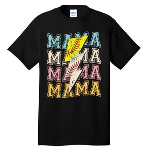 Mothers Day Softball Baseball Groovy Mom Mama Lightning Bolt Tall T-Shirt