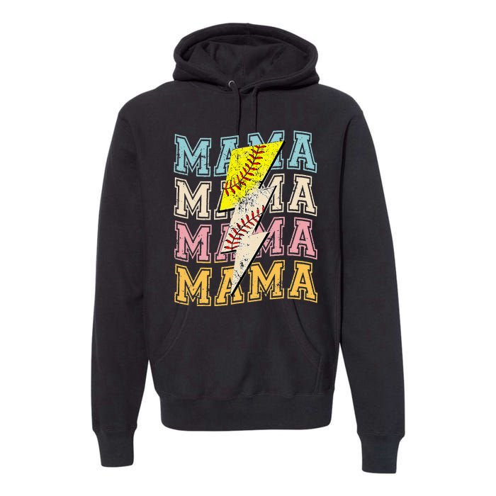 Mothers Day Softball Baseball Groovy Mom Mama Lightning Bolt Premium Hoodie