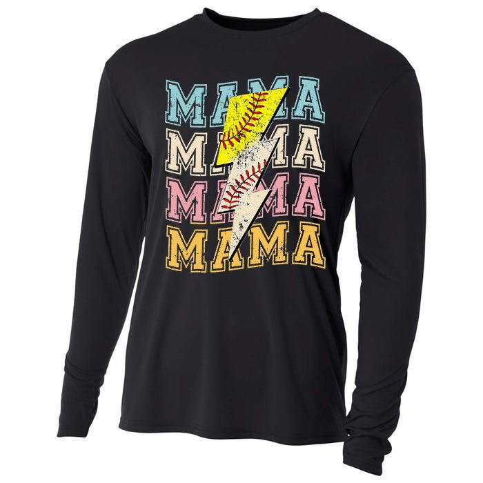 Mothers Day Softball Baseball Groovy Mom Mama Lightning Bolt Cooling Performance Long Sleeve Crew