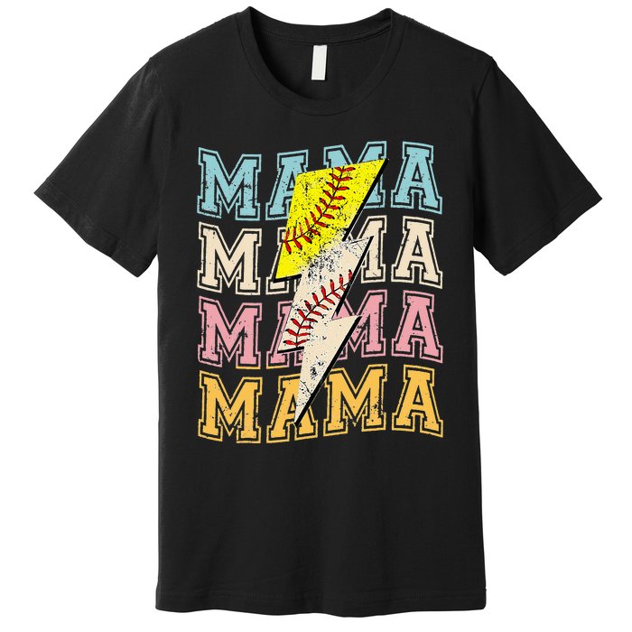 Mothers Day Softball Baseball Groovy Mom Mama Lightning Bolt Premium T-Shirt