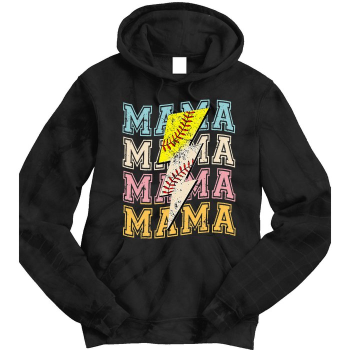 Mothers Day Softball Baseball Groovy Mom Mama Lightning Bolt Tie Dye Hoodie