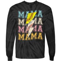 Mothers Day Softball Baseball Groovy Mom Mama Lightning Bolt Tie-Dye Long Sleeve Shirt