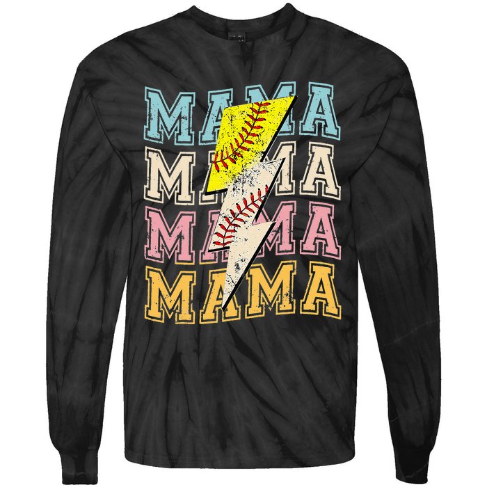 Mothers Day Softball Baseball Groovy Mom Mama Lightning Bolt Tie-Dye Long Sleeve Shirt