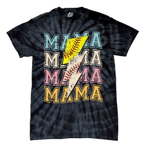 Mothers Day Softball Baseball Groovy Mom Mama Lightning Bolt Tie-Dye T-Shirt