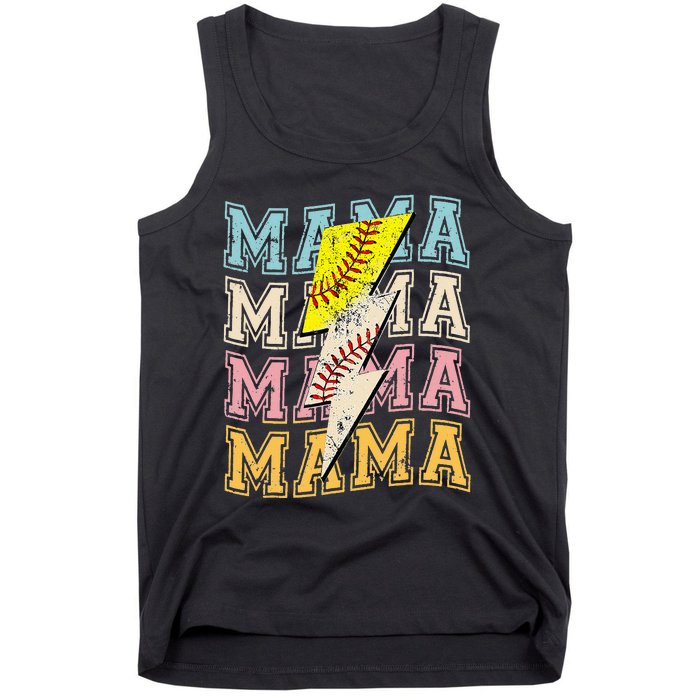 Mothers Day Softball Baseball Groovy Mom Mama Lightning Bolt Tank Top