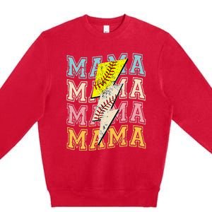 Mothers Day Softball Baseball Groovy Mom Mama Lightning Bolt Premium Crewneck Sweatshirt