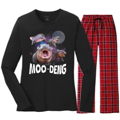 Moo Deng Space Hippo Women's Long Sleeve Flannel Pajama Set 