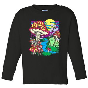 Mushroom dream Trippy Mushroom and frog hippie vinatge retro Toddler Long Sleeve Shirt