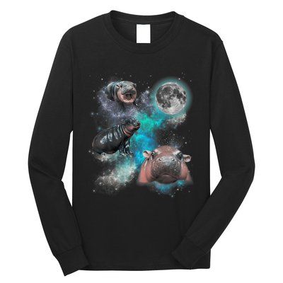 Moo Deng Three Moo Deng Moon Funny Hippo Long Sleeve Shirt