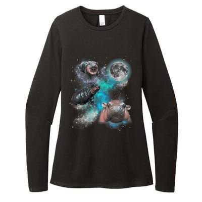 Moo Deng Three Moo Deng Moon Funny Hippo Womens CVC Long Sleeve Shirt