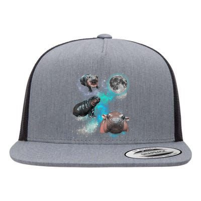 Moo Deng Three Moo Deng Moon Funny Hippo Flat Bill Trucker Hat