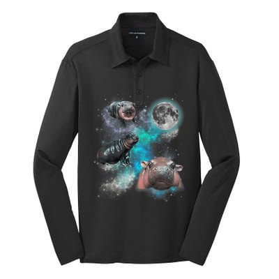 Moo Deng Three Moo Deng Moon Funny Hippo Silk Touch Performance Long Sleeve Polo