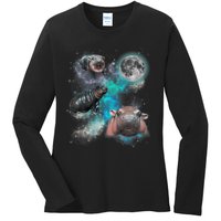 Moo Deng Three Moo Deng Moon Funny Hippo Ladies Long Sleeve Shirt