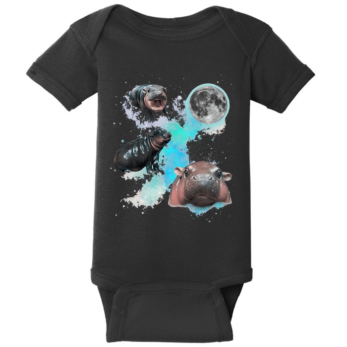 Moo Deng Three Moo Deng Moon Funny Hippo Baby Bodysuit