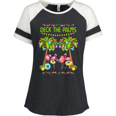 M3ed Deck The Palms Merry Xmas Christmas Flamingo Pajama Gift Enza Ladies Jersey Colorblock Tee