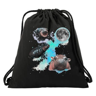 Moo Deng Three Moo Deng Moon Funny Hippo Gift Drawstring Bag