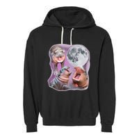 Moo Deng Three Moo Deng Moon Funny Hippo Garment-Dyed Fleece Hoodie