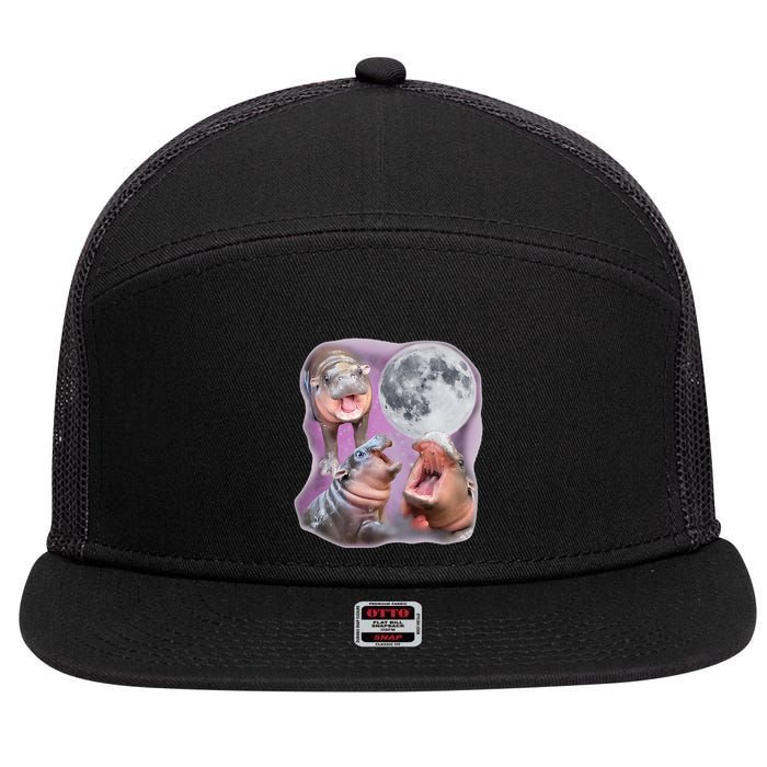 Moo Deng Three Moo Deng Moon Funny Hippo 7 Panel Mesh Trucker Snapback Hat