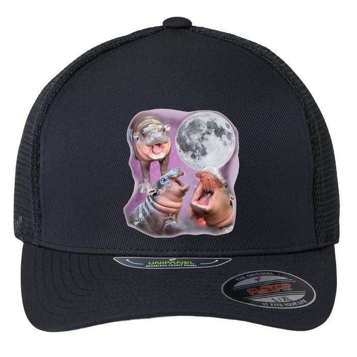 Moo Deng Three Moo Deng Moon Funny Hippo Flexfit Unipanel Trucker Cap