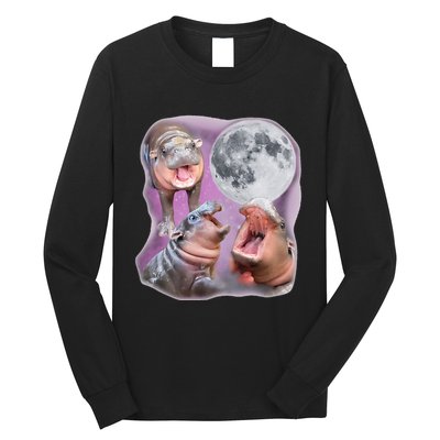 Moo Deng Three Moo Deng Moon Funny Hippo Long Sleeve Shirt