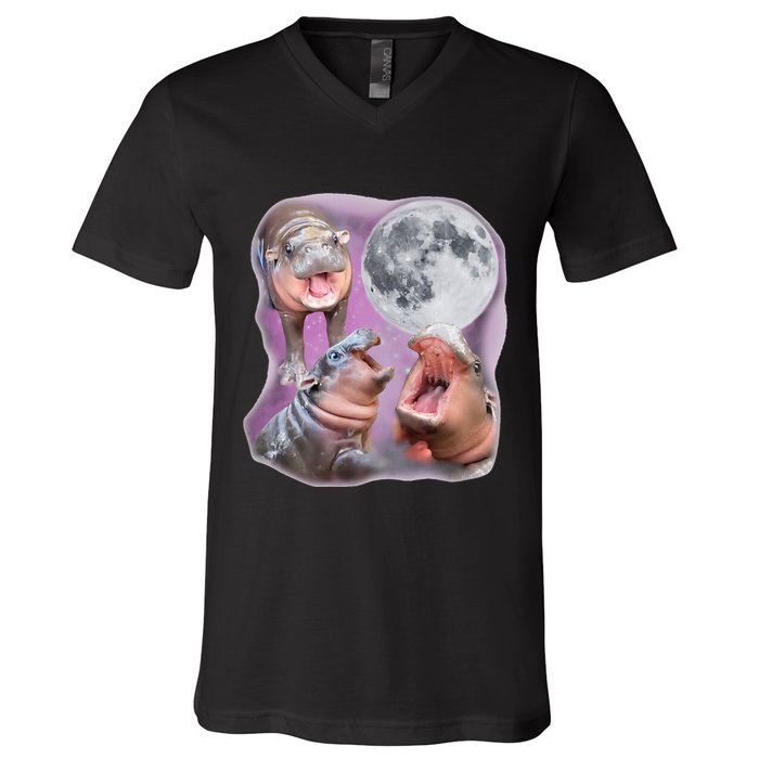 Moo Deng Three Moo Deng Moon Funny Hippo V-Neck T-Shirt