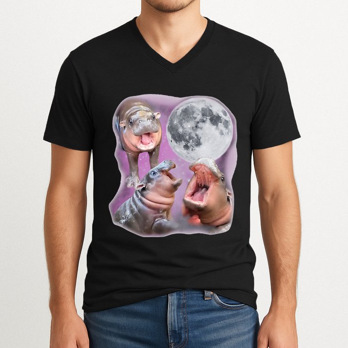 Moo Deng Three Moo Deng Moon Funny Hippo V-Neck T-Shirt