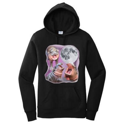 Moo Deng Three Moo Deng Moon Funny Hippo Women's Pullover Hoodie
