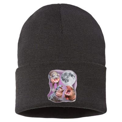 Moo Deng Three Moo Deng Moon Funny Hippo Sustainable Knit Beanie