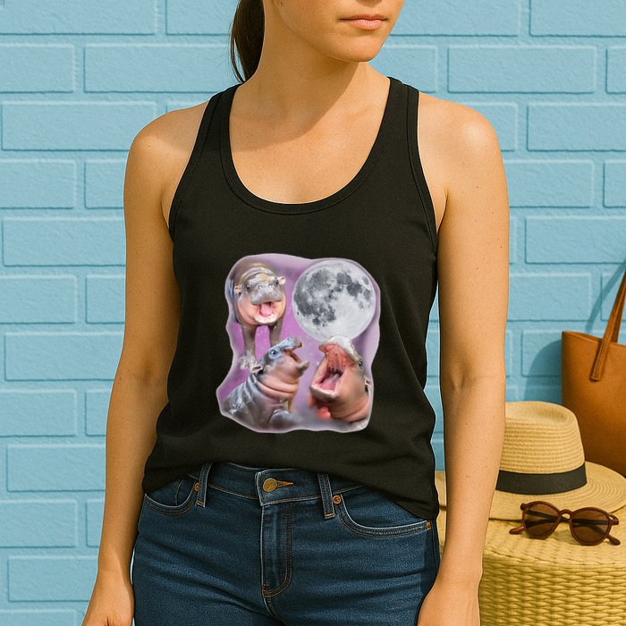 Moo Deng Three Moo Deng Moon Funny Hippo Womens Tank Top